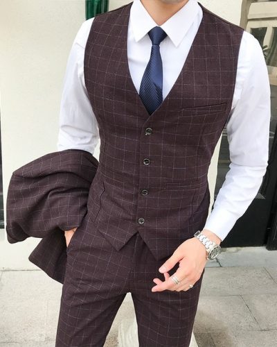 Maroon Check Vest for Custom Suits